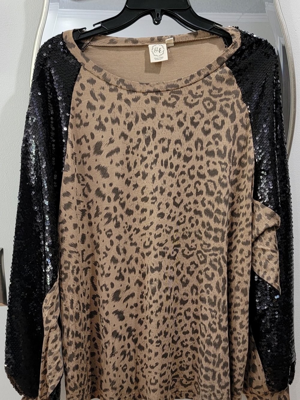 Sequin Sleeve Leopard Print Blouse - Black/Tan